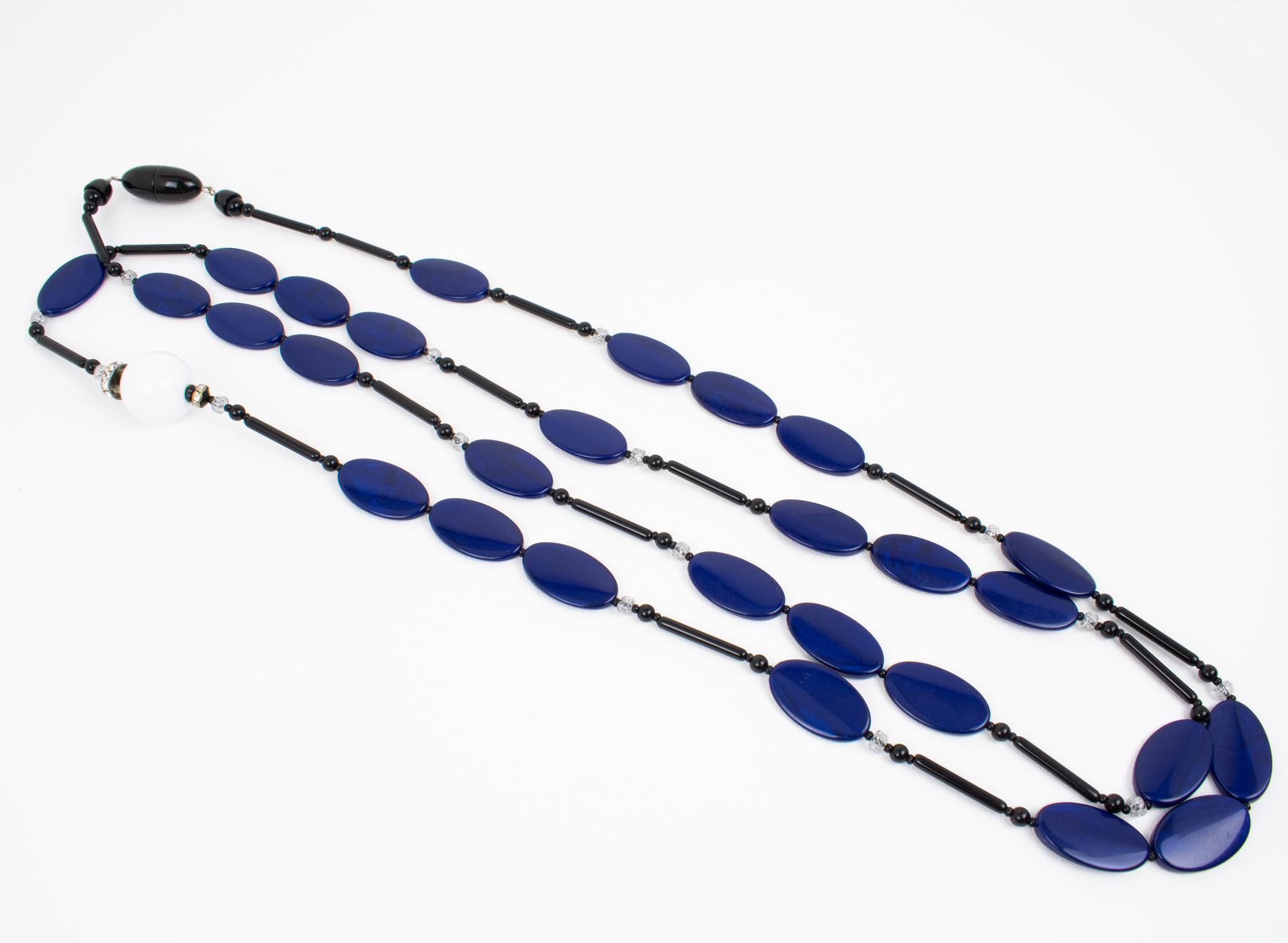 Women's or Men's Angela Caputi Extra-Long Necklace Faux-Lapis Blue and White Resin Beads For Sale