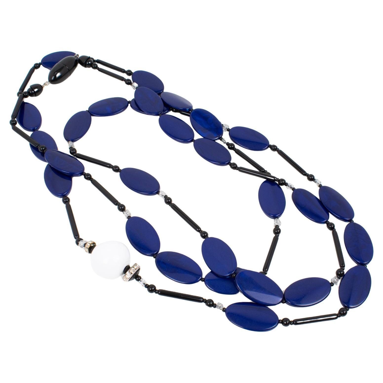 Angela Caputi Extra-Long Necklace Faux-Lapis Blue and White Resin Beads For Sale