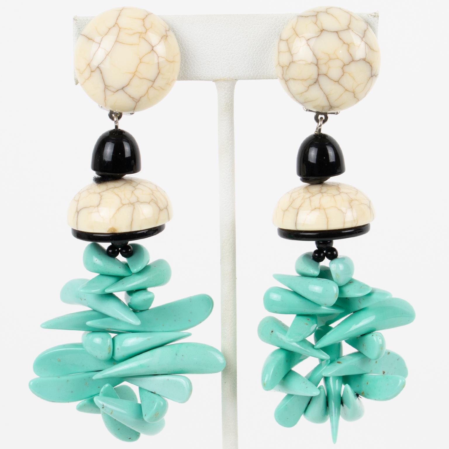 Angela Caputi Faux Marble and Turquoise Resin Clip Earrings For Sale 1