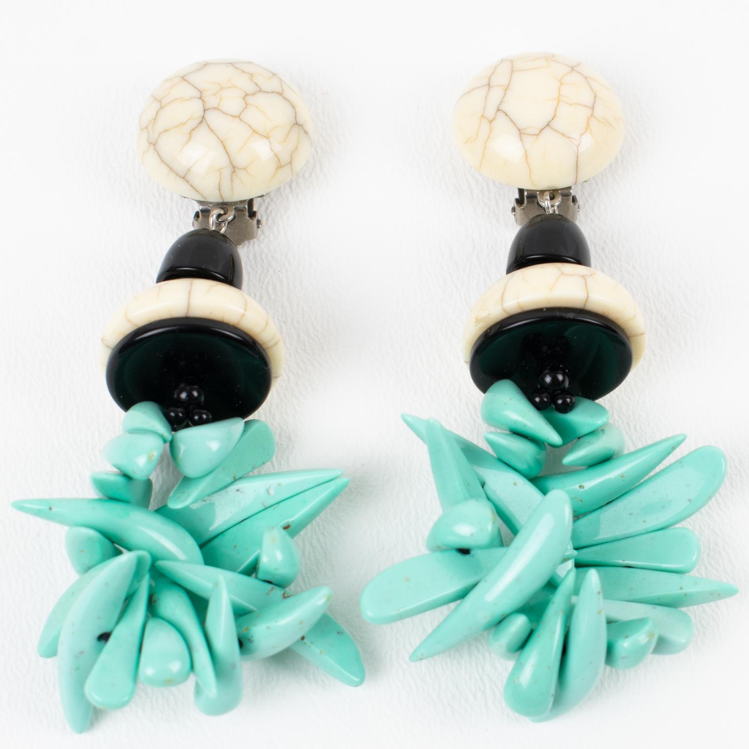 Angela Caputi Faux Marble and Turquoise Resin Clip Earrings For Sale 2
