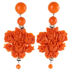 Angela Caputi Giant Faux Coral Flower Resin Clip Earrings
