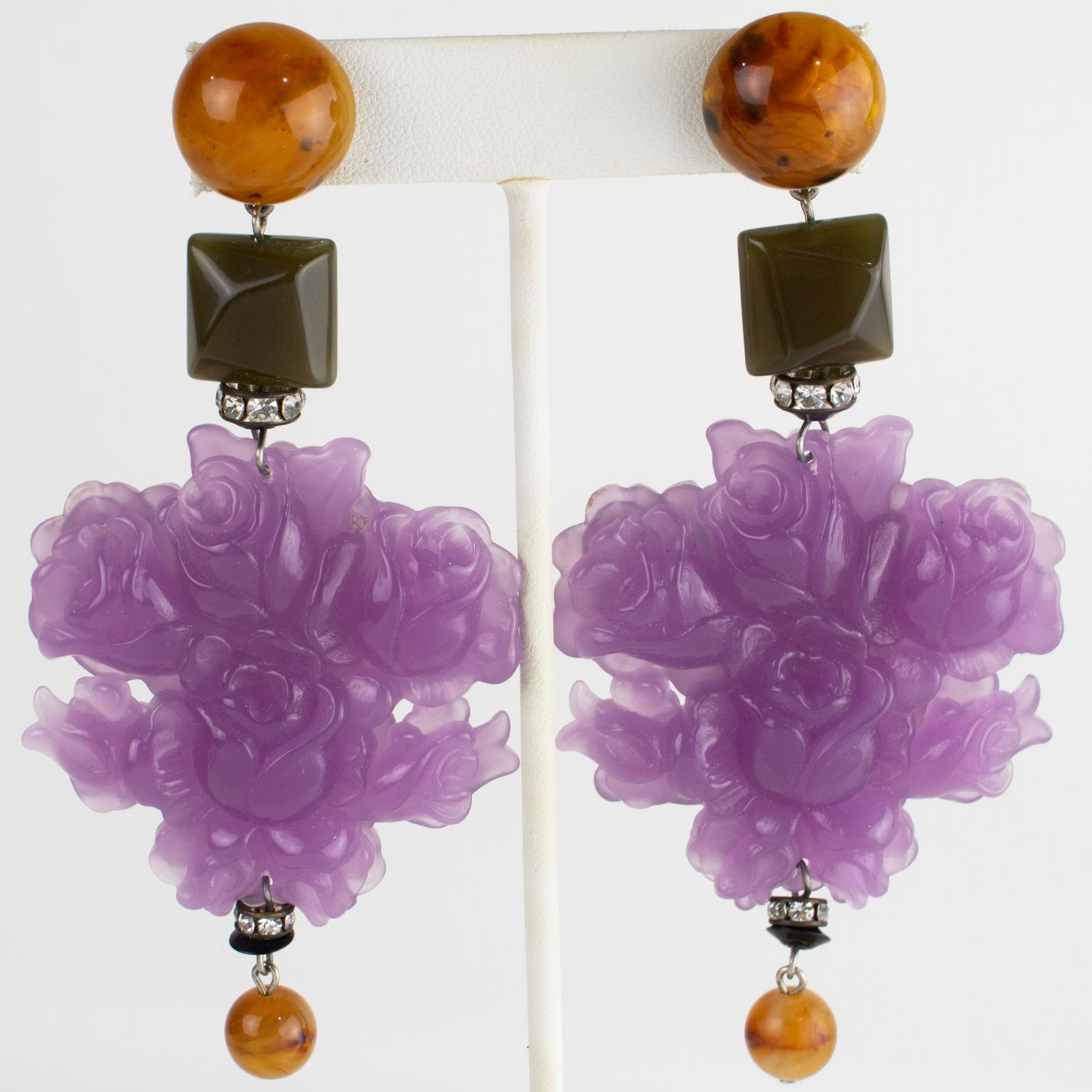 Modern Angela Caputi Giant Lavender Flower Resin Earrings For Sale