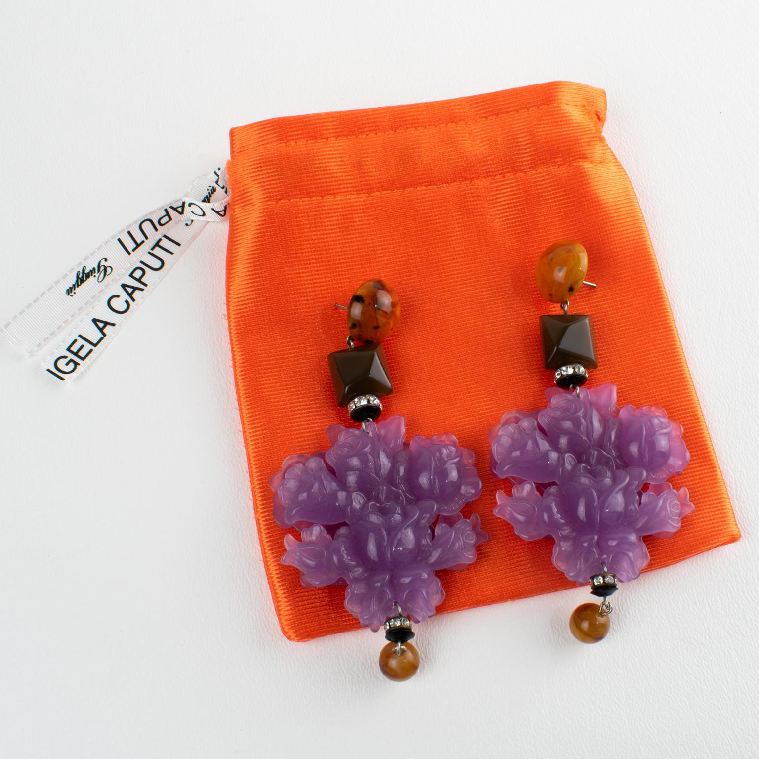 Angela Caputi Giant Lavender Flower Resin Earrings In Excellent Condition For Sale In Atlanta, GA
