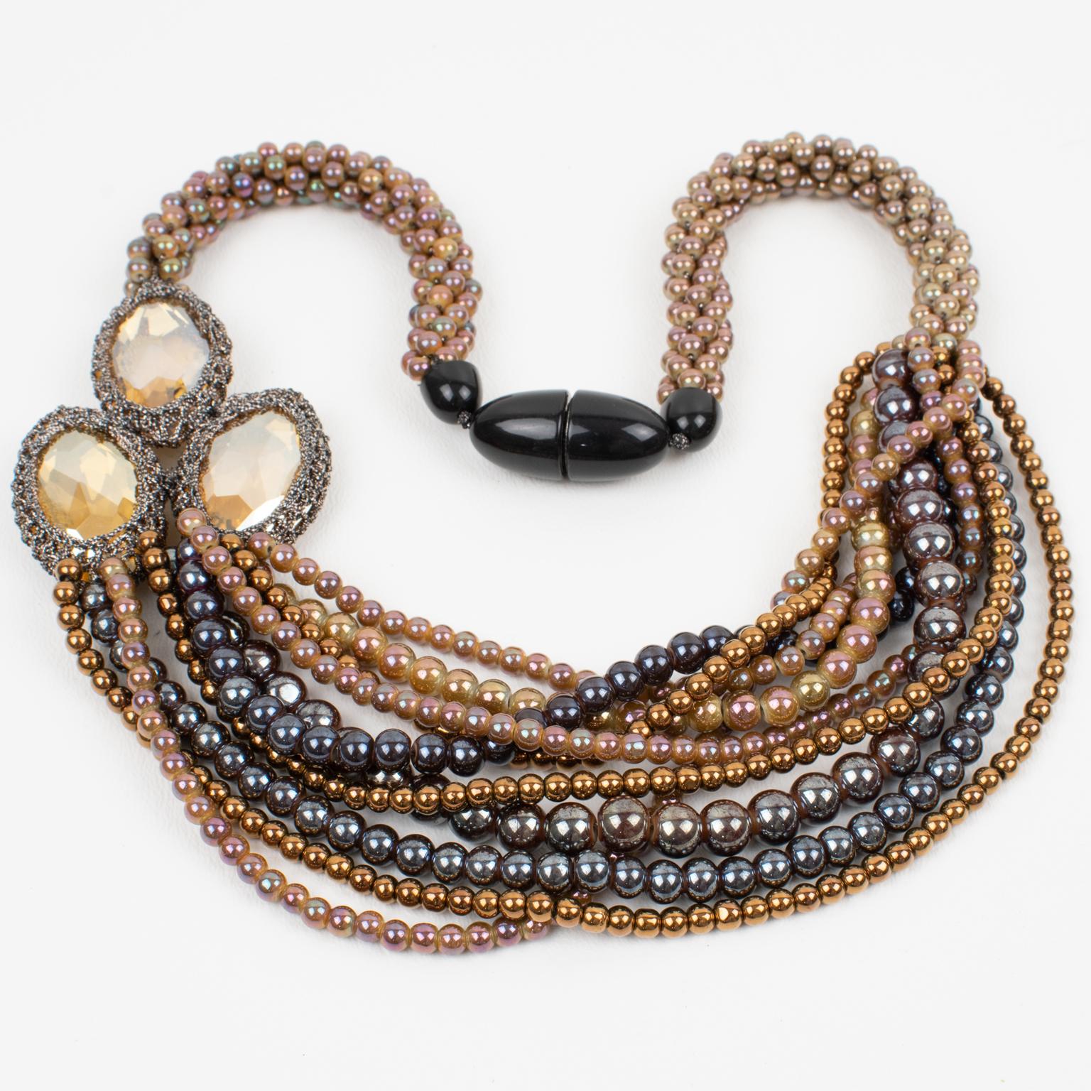 Angela Caputi Golden Brown and Gunmetal Pearl Multi-Strand Choker Necklace 6
