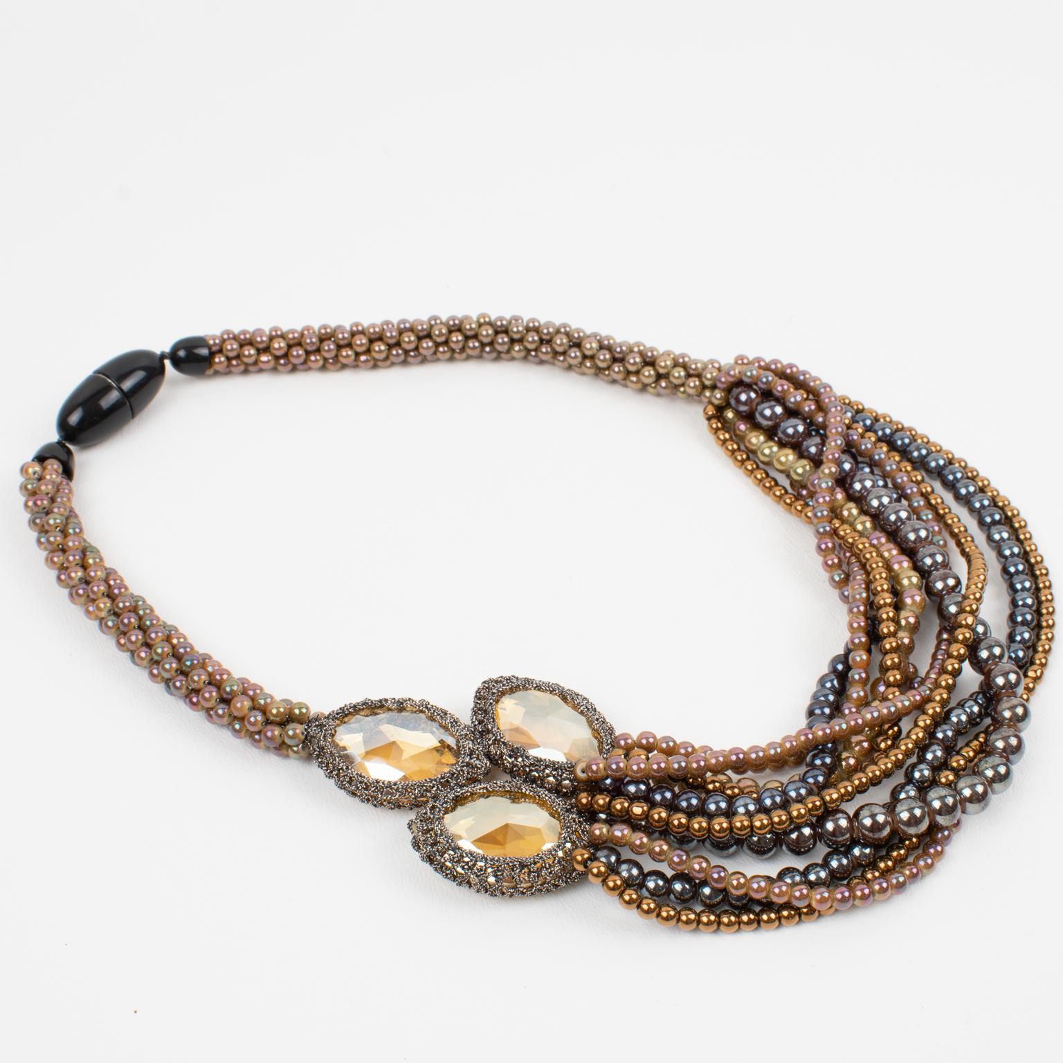 Women's or Men's Angela Caputi Golden Brown and Gunmetal Pearl Multi-Strand Choker Necklace