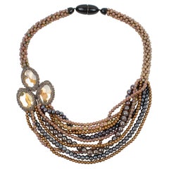Vintage Angela Caputi Golden Brown and Gunmetal Pearl Multi-Strand Choker Necklace