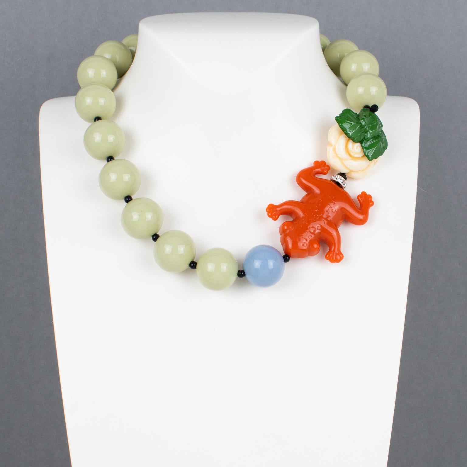 Modern Angela Caputi Almond and Red Resin Frog Choker Necklace