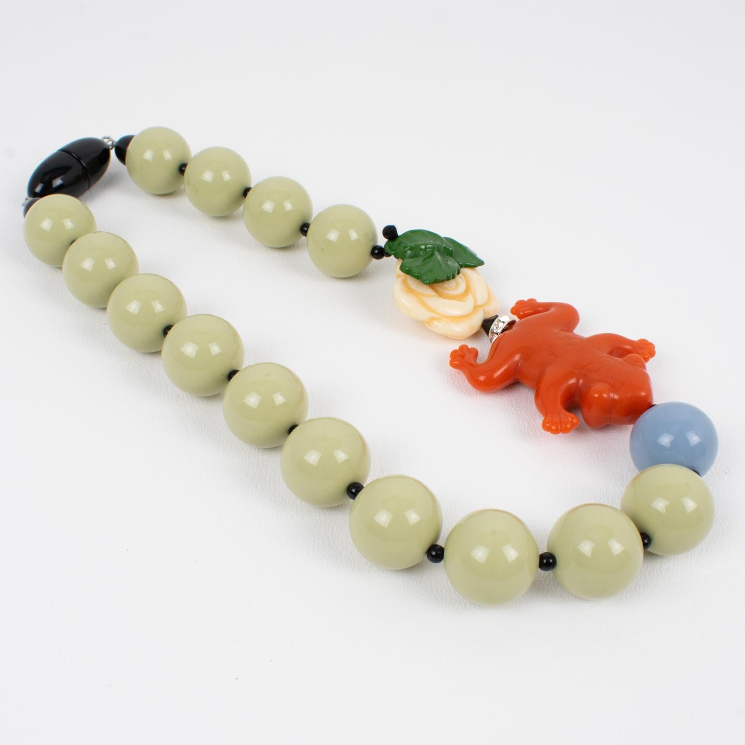 Women's or Men's Angela Caputi Almond and Red Resin Frog Choker Necklace