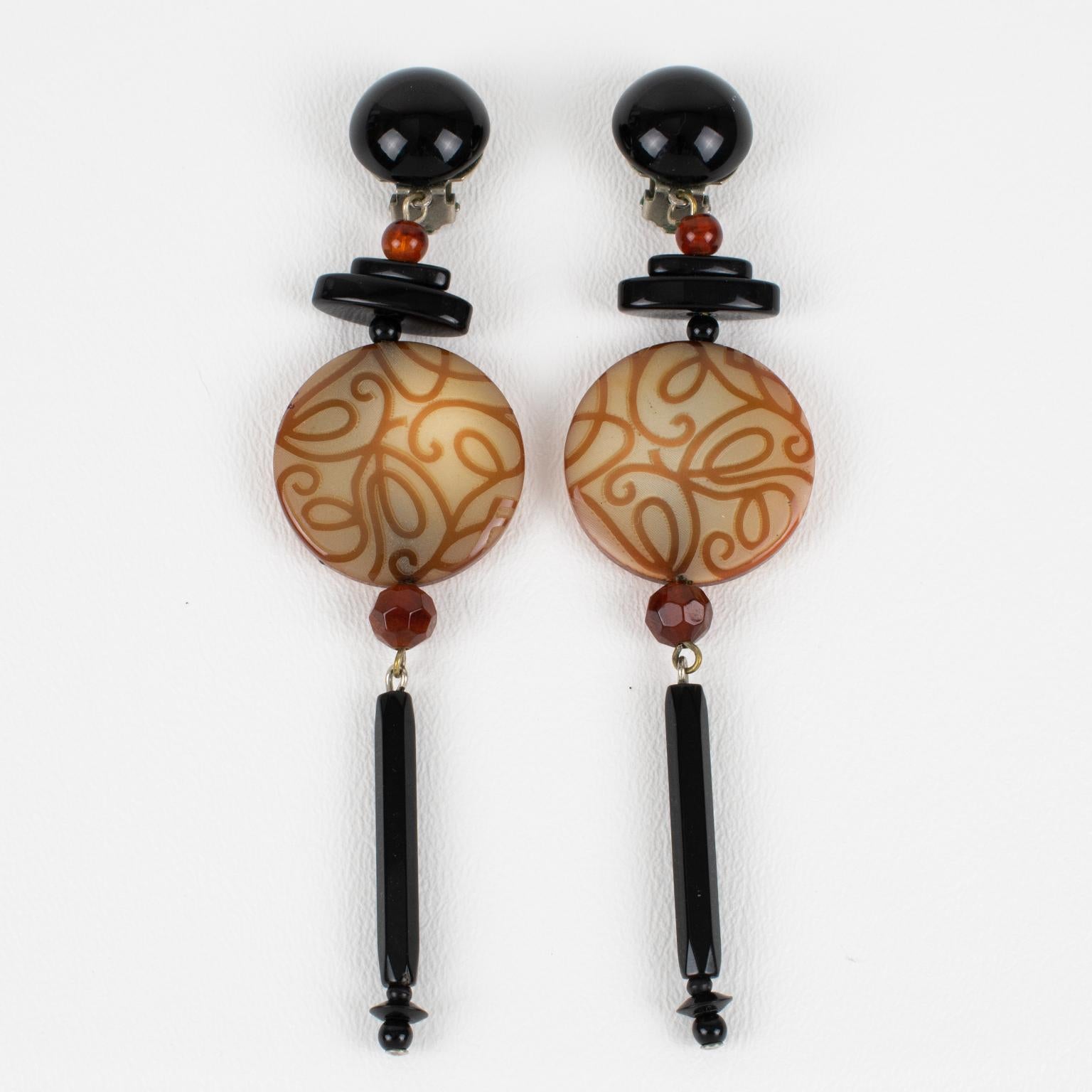 Modern Angela Caputi Honey and Black Dangle Resin Earrings Arabesque Design For Sale