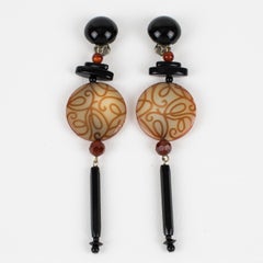 Angela Caputi Honey and Black Dangle Resin Clip Earrings Arabesque Design
