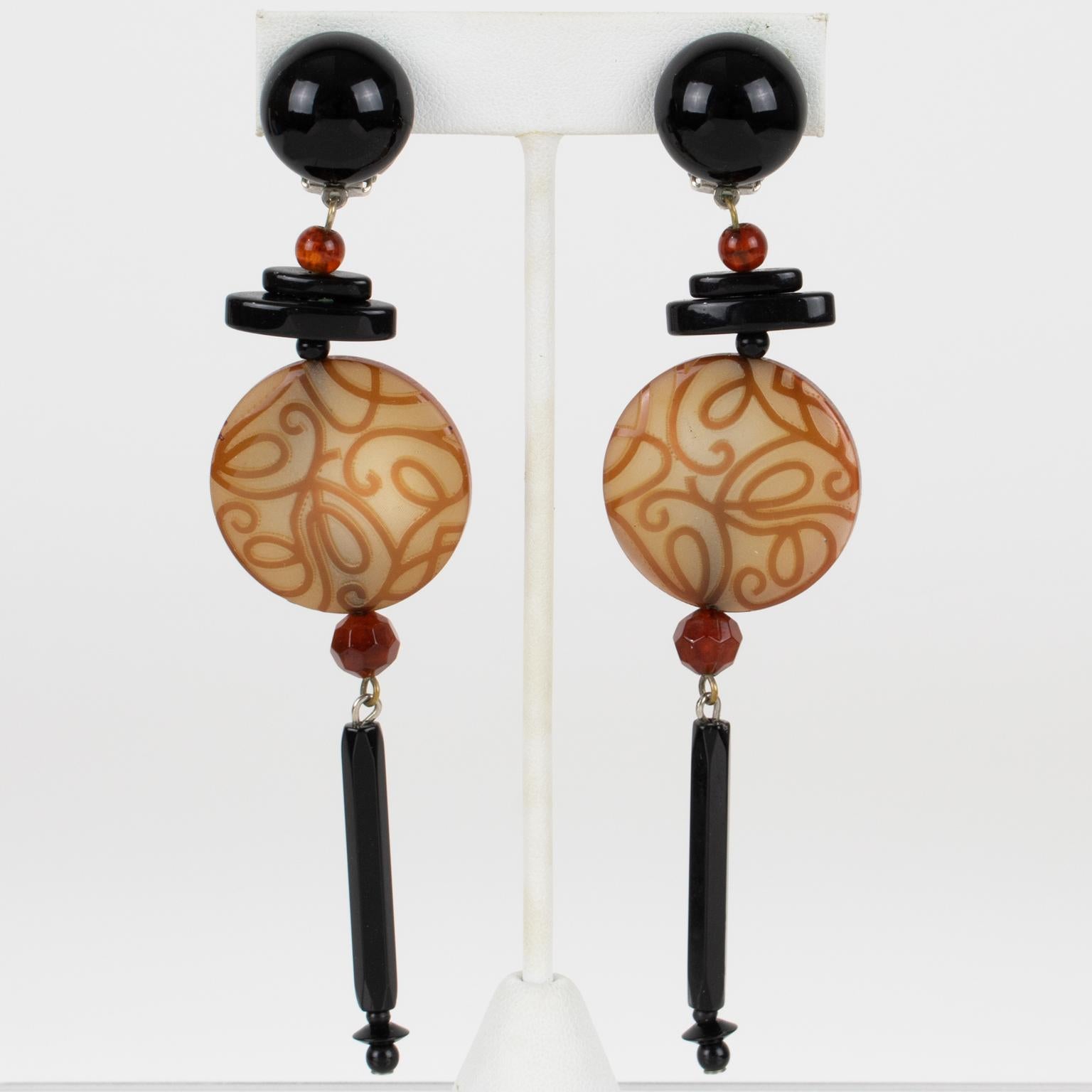 Angela Caputi Honey and Black Dangle Resin Earrings Arabesque Design For Sale 1