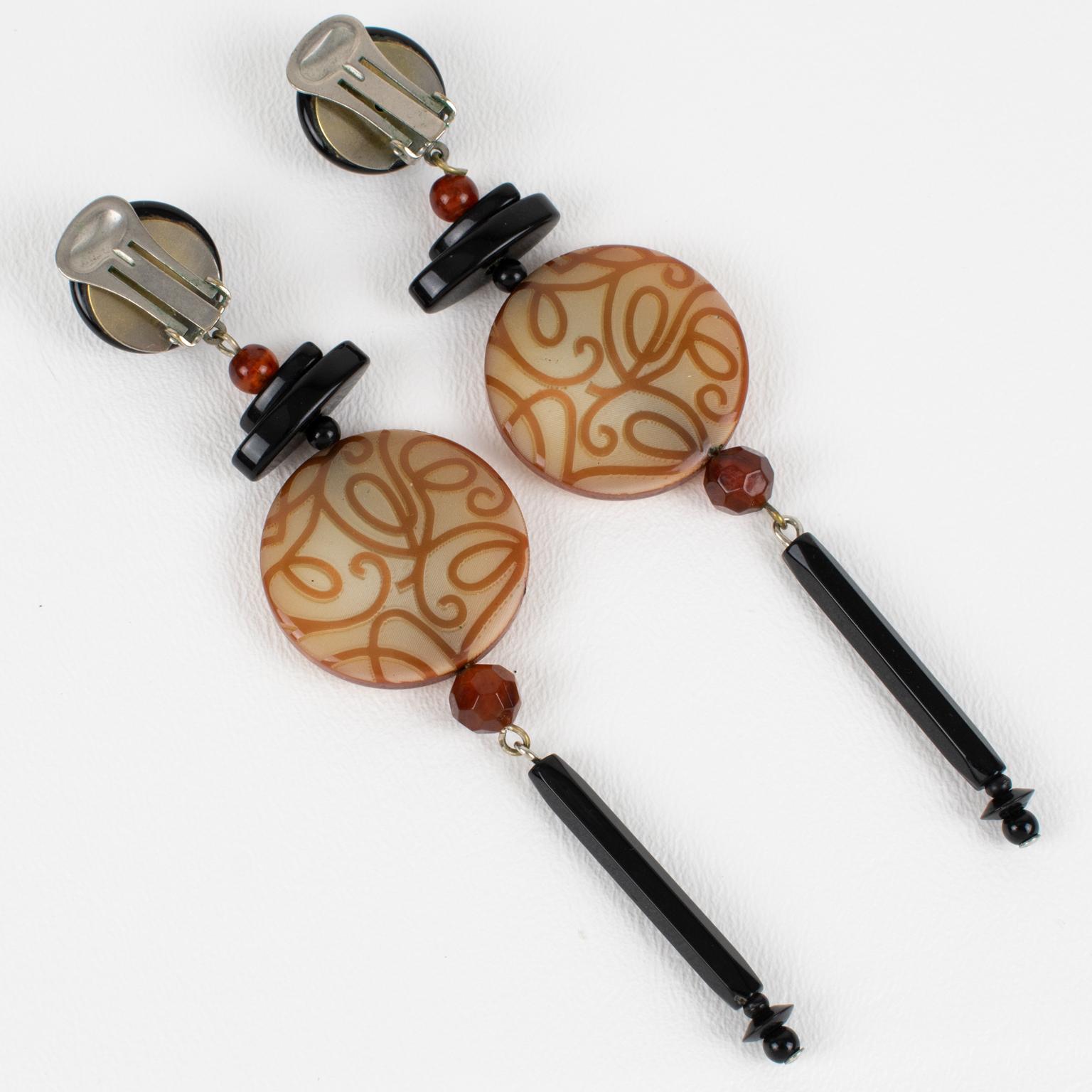 Angela Caputi Honey and Black Dangle Resin Earrings Arabesque Design For Sale 3
