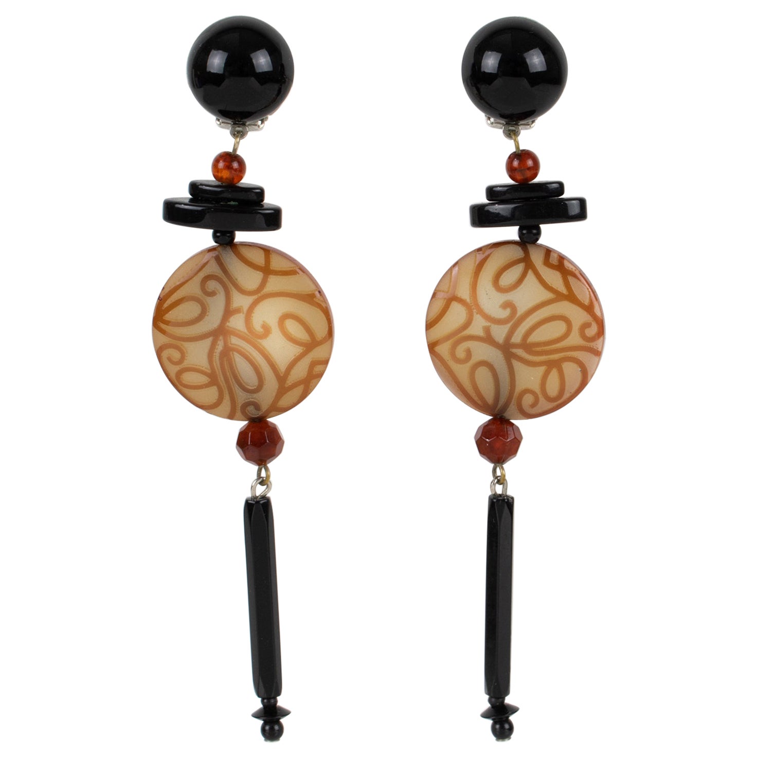 Angela Caputi Honey and Black Dangle Resin Earrings Arabesque Design For Sale