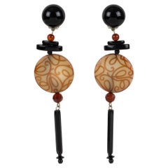 Angela Caputi Honey and Black Dangle Resin Clip Earrings Arabesque Design