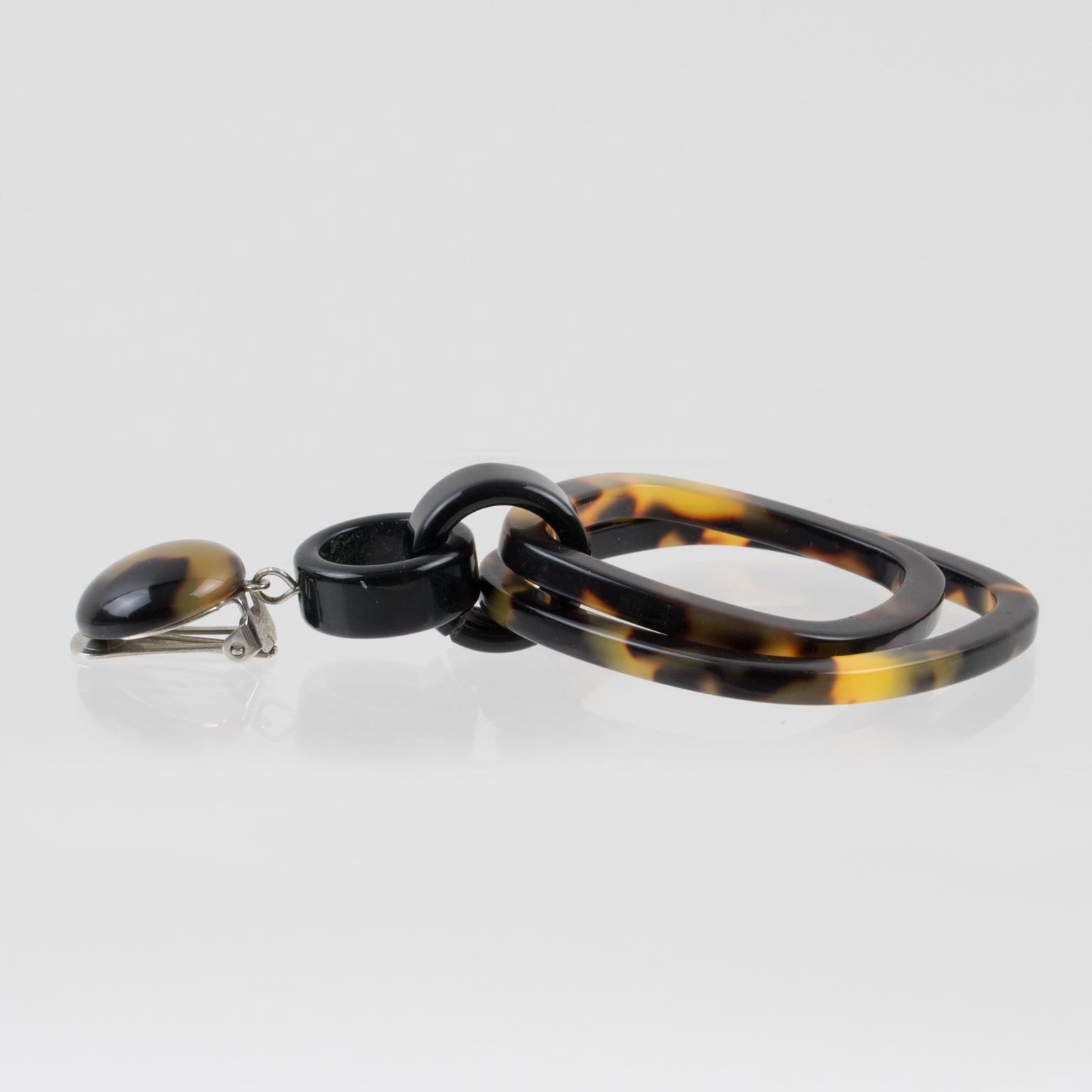 Angela Caputi Italy Black and Tortoiseshell Resin Dangle Clip Earrings For Sale 1