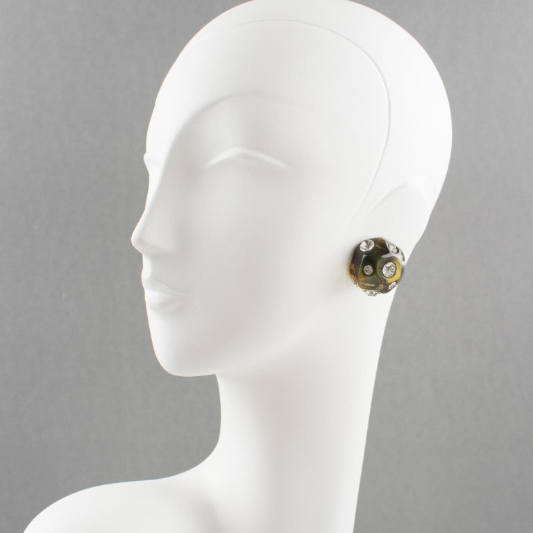 Angela Caputi Jeweled Olive Green Clip Earrings at 1stDibs