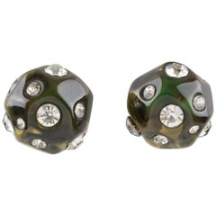 Angela Caputi Jeweled Olive Green Clip Earrings