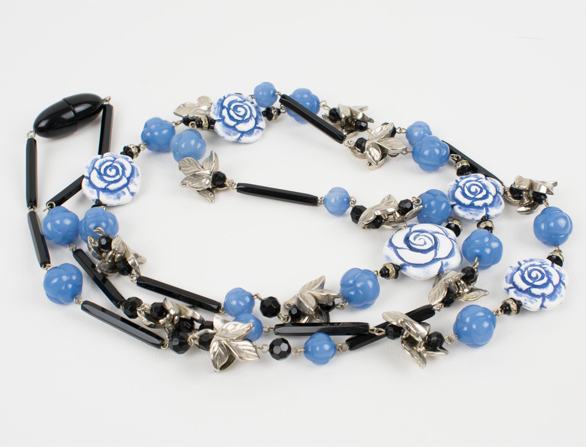 Angela Caputi Long Necklace Lavender Blue Roses and Silver Resin Leaves For Sale 6