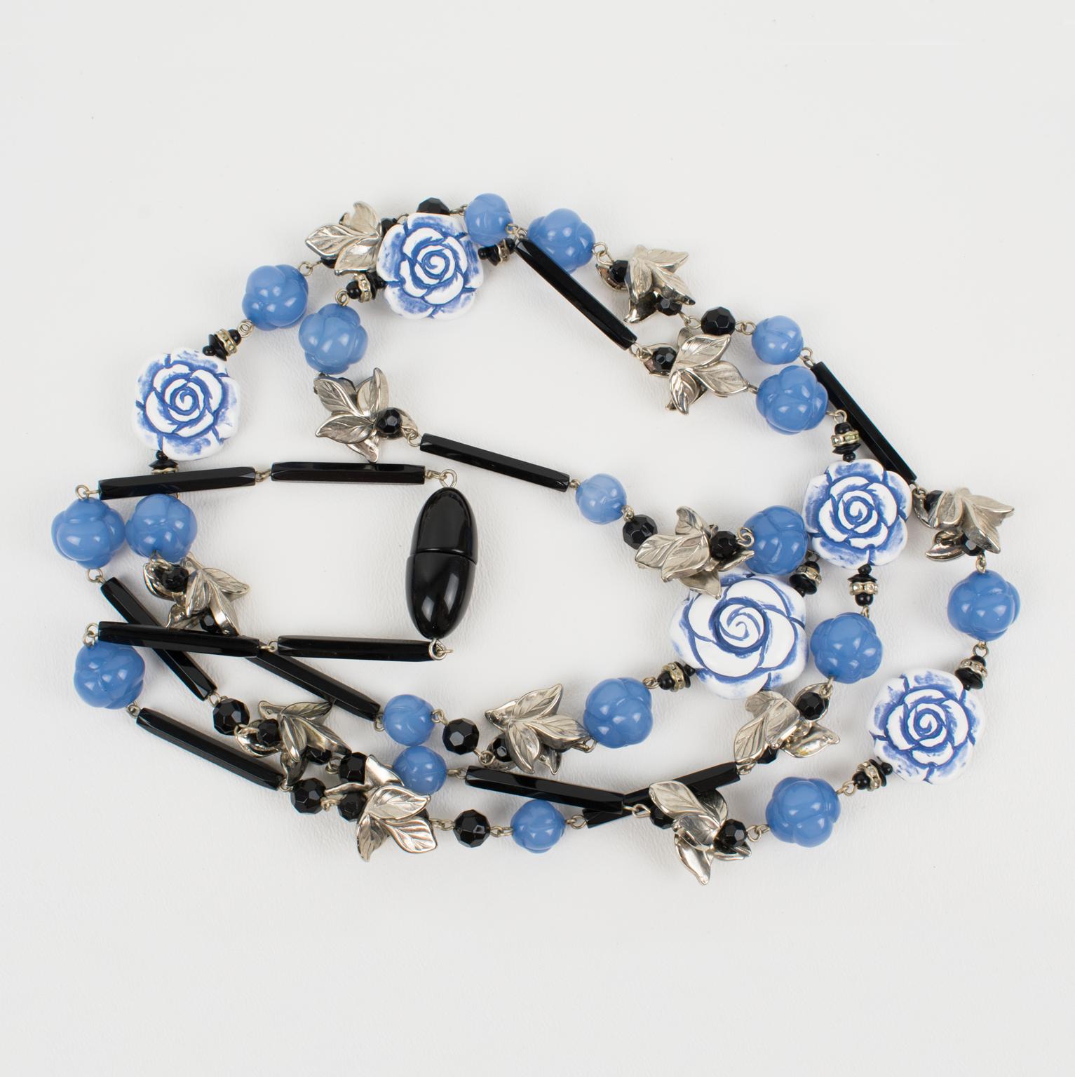 Angela Caputi Long Necklace Lavender Blue Roses and Silver Resin Leaves For Sale 7