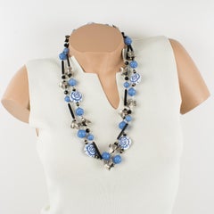 Angela Caputi Long Necklace Lavender Blue Roses and Silver Resin Leaves