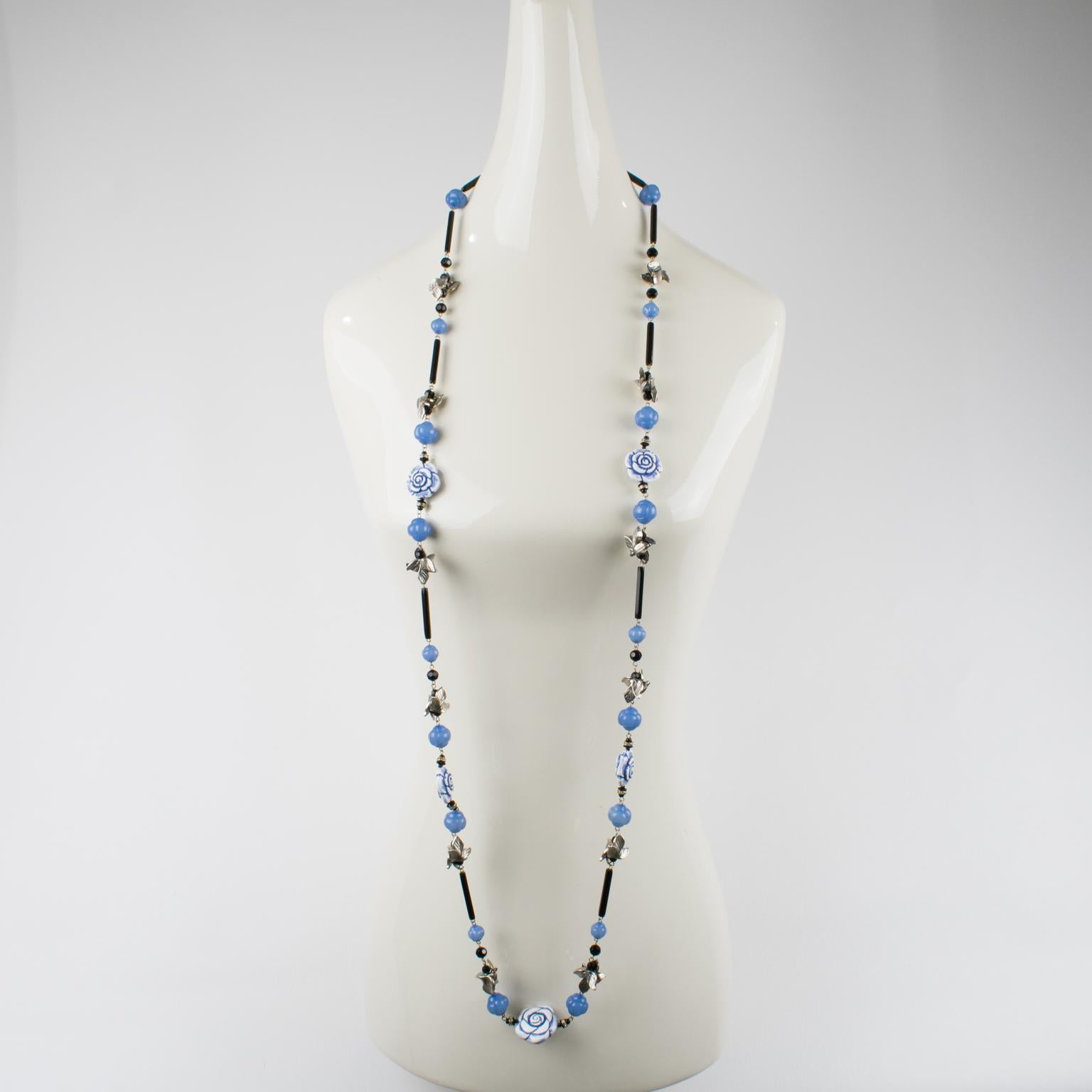 Modern Angela Caputi Long Necklace Lavender Blue Roses and Silver Resin Leaves For Sale