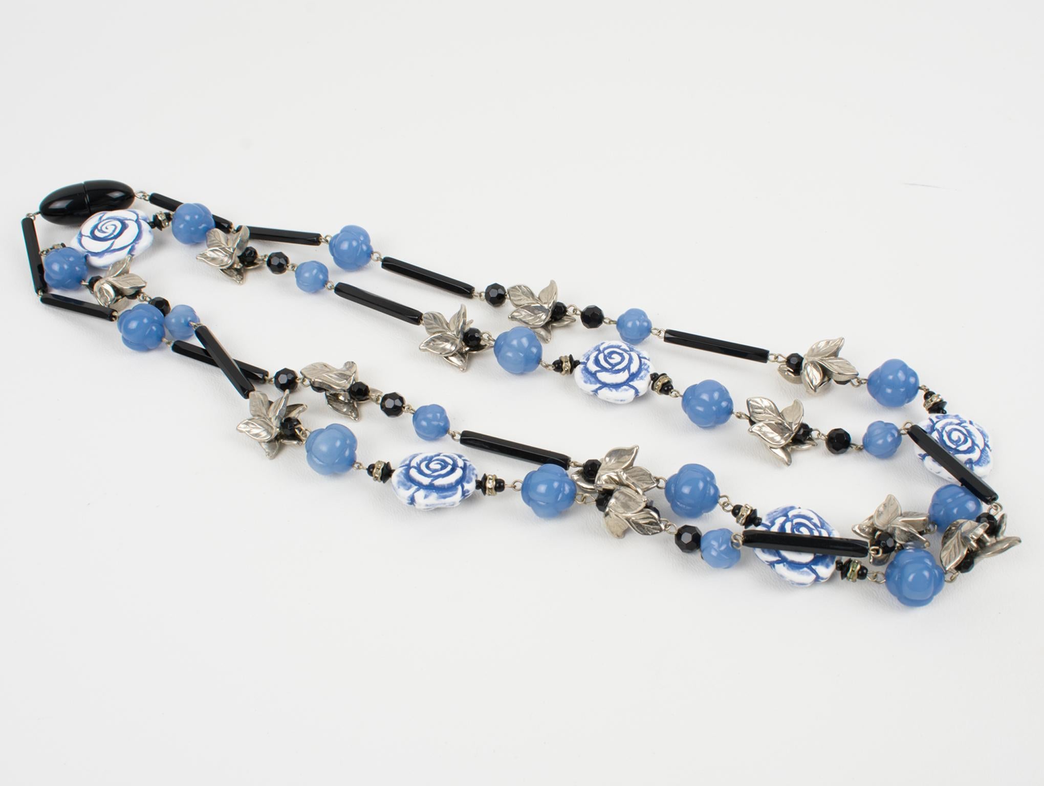 Angela Caputi Long Necklace Lavender Blue Roses and Silver Resin Leaves For Sale 1