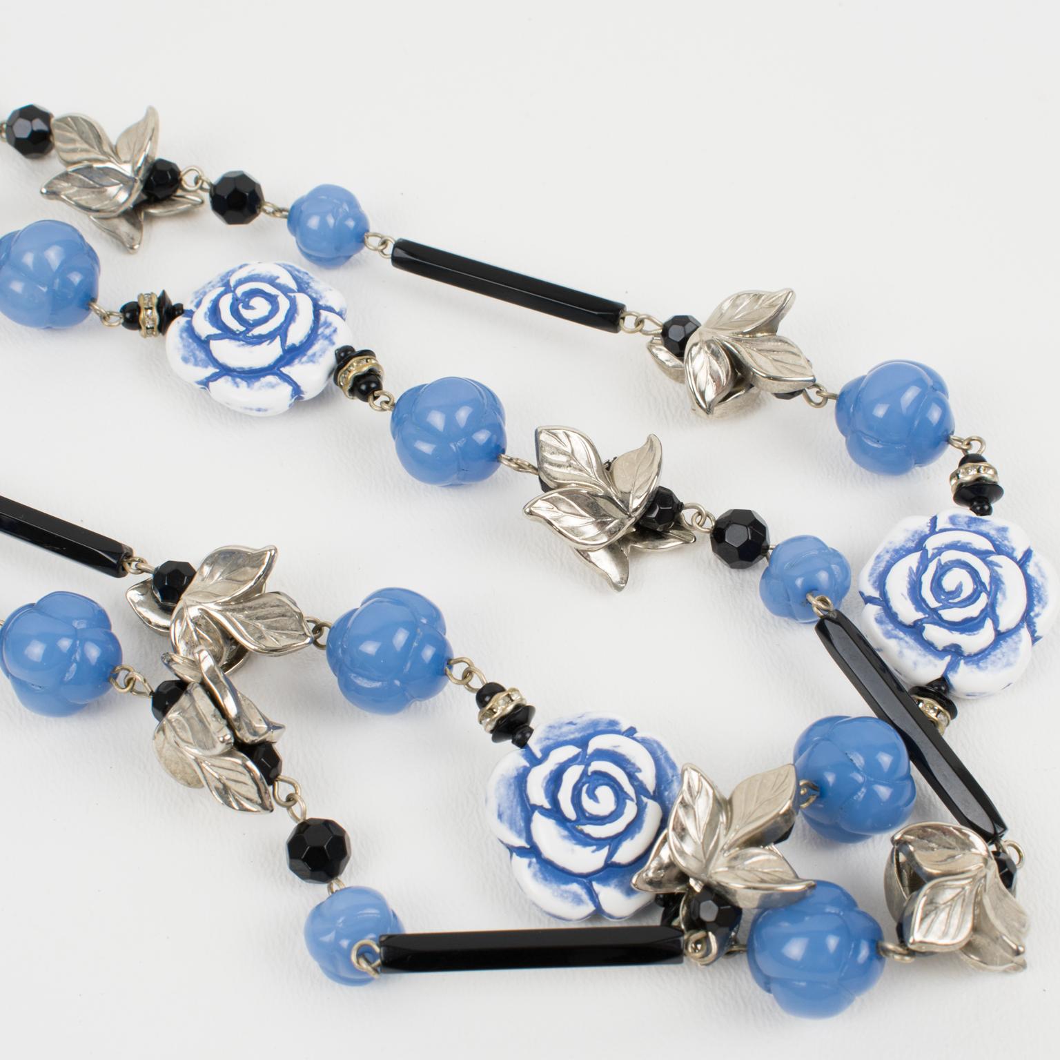 Angela Caputi Long Necklace Lavender Blue Roses and Silver Resin Leaves For Sale 2