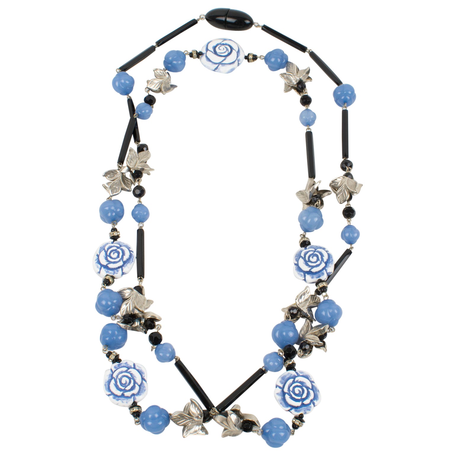 Angela Caputi Long Necklace Lavender Blue Roses and Silver Resin Leaves For Sale