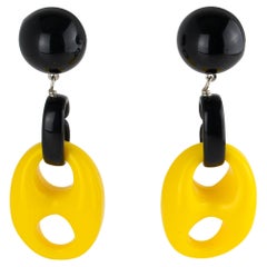 Angela Caputi Modernist Yellow and Black Resin Dangle Clip Earrings