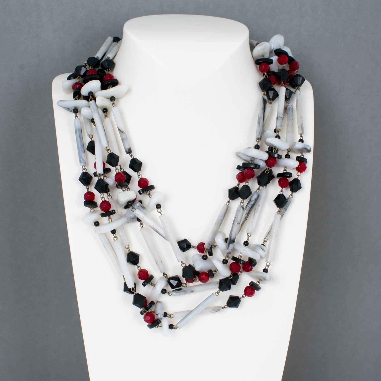 Modern Angela Caputi Multi-Strand Choker Necklace Red, White, Black Resin Pebbles