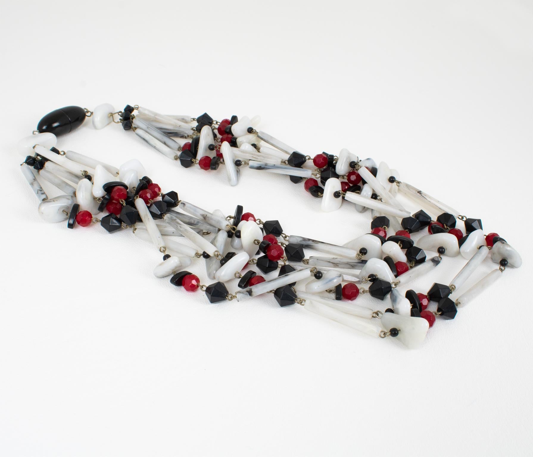 Angela Caputi Multi-Strand Choker Necklace Red, White, Black Resin Pebbles In Excellent Condition In Atlanta, GA