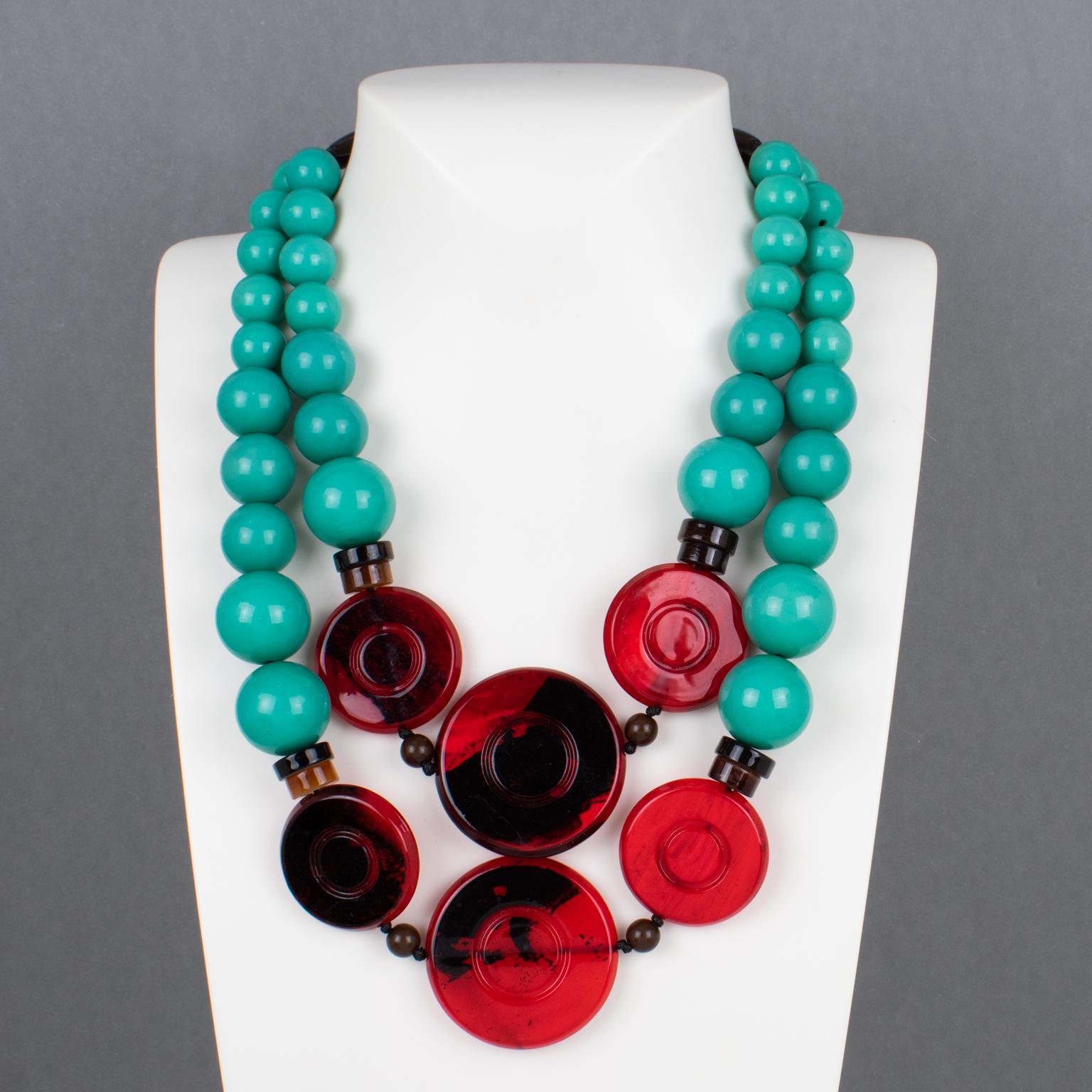 Modern Angela Caputi Multi-Strand Green Teal Choker Necklace Red and Black Pebbles For Sale