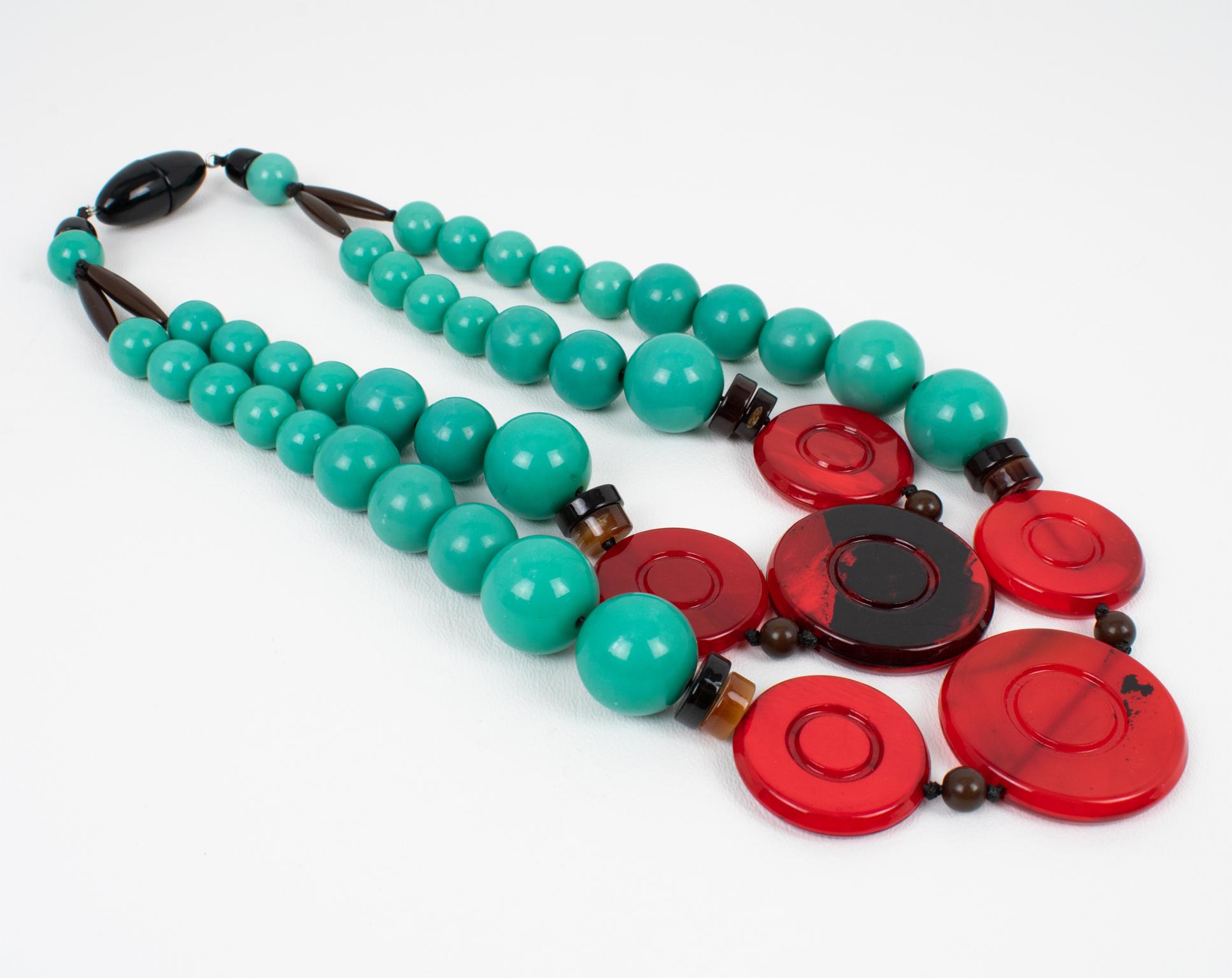 Angela Caputi Multi-Strand Green Teal Choker Necklace Red and Black Pebbles In Excellent Condition In Atlanta, GA
