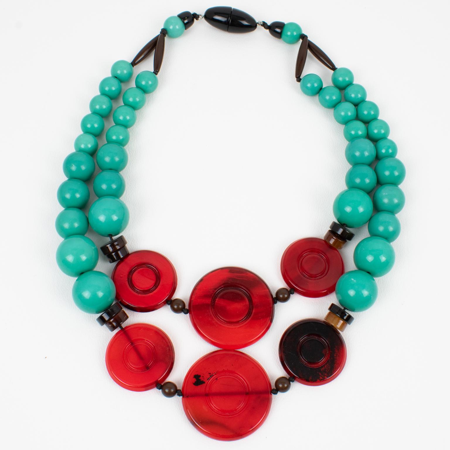 Women's or Men's Angela Caputi Multi-Strand Green Teal Choker Necklace Red and Black Pebbles