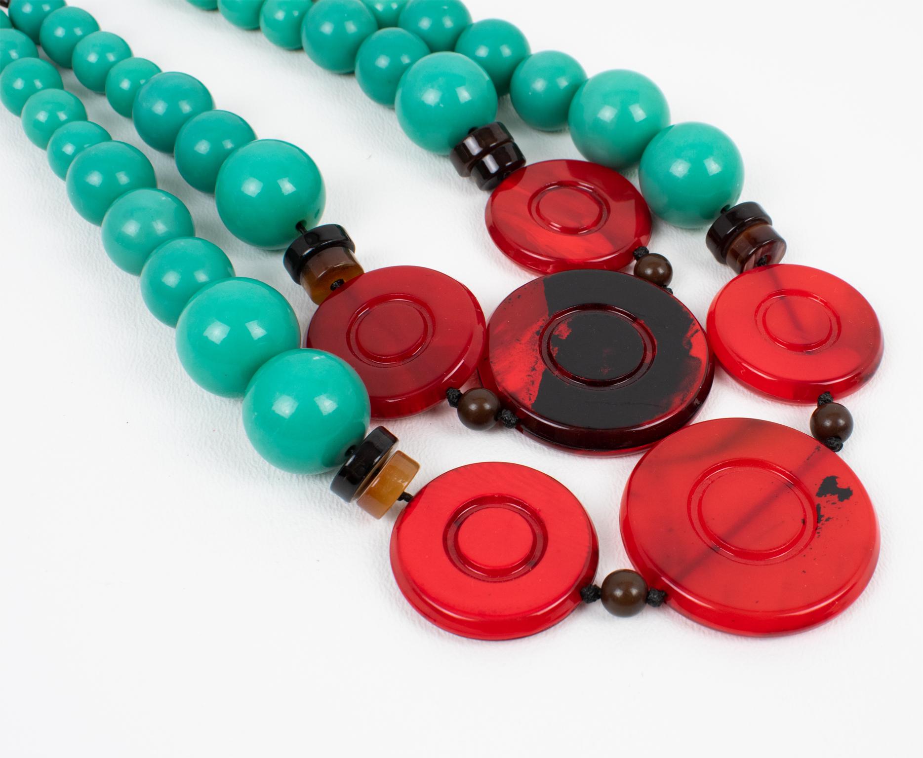 Angela Caputi Multi-Strand Green Teal Choker Necklace Red and Black Pebbles 1