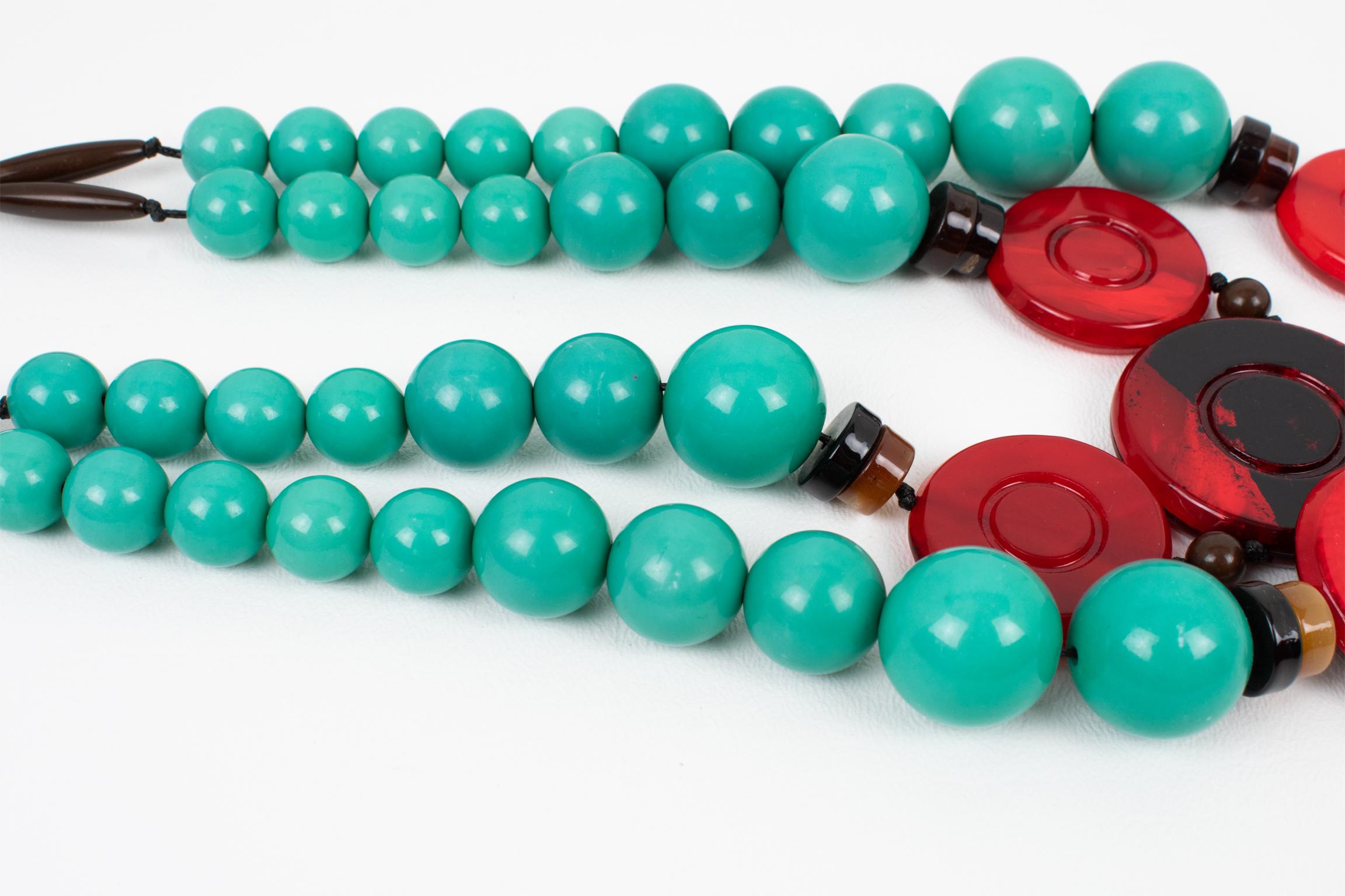 Angela Caputi Multi-Strand Green Teal Choker Necklace Red and Black Pebbles 2