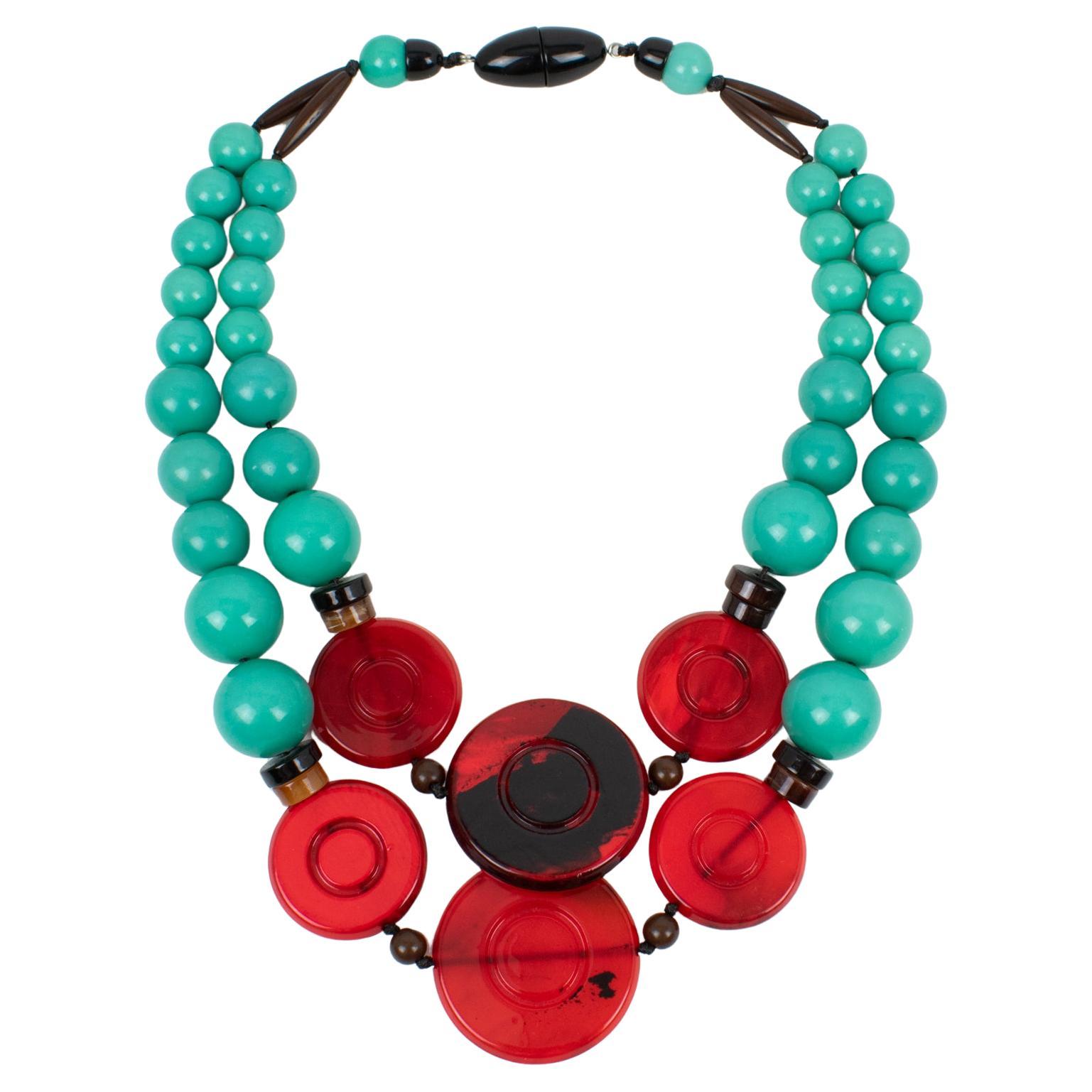 Angela Caputi Multi-Strand Green Teal Choker Necklace Red and Black Pebbles For Sale