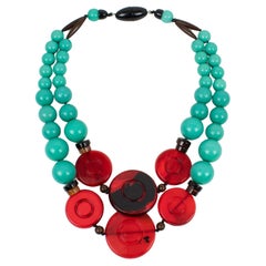 Angela Caputi Multi-Strand Green Teal Choker Necklace Red and Black Pebbles