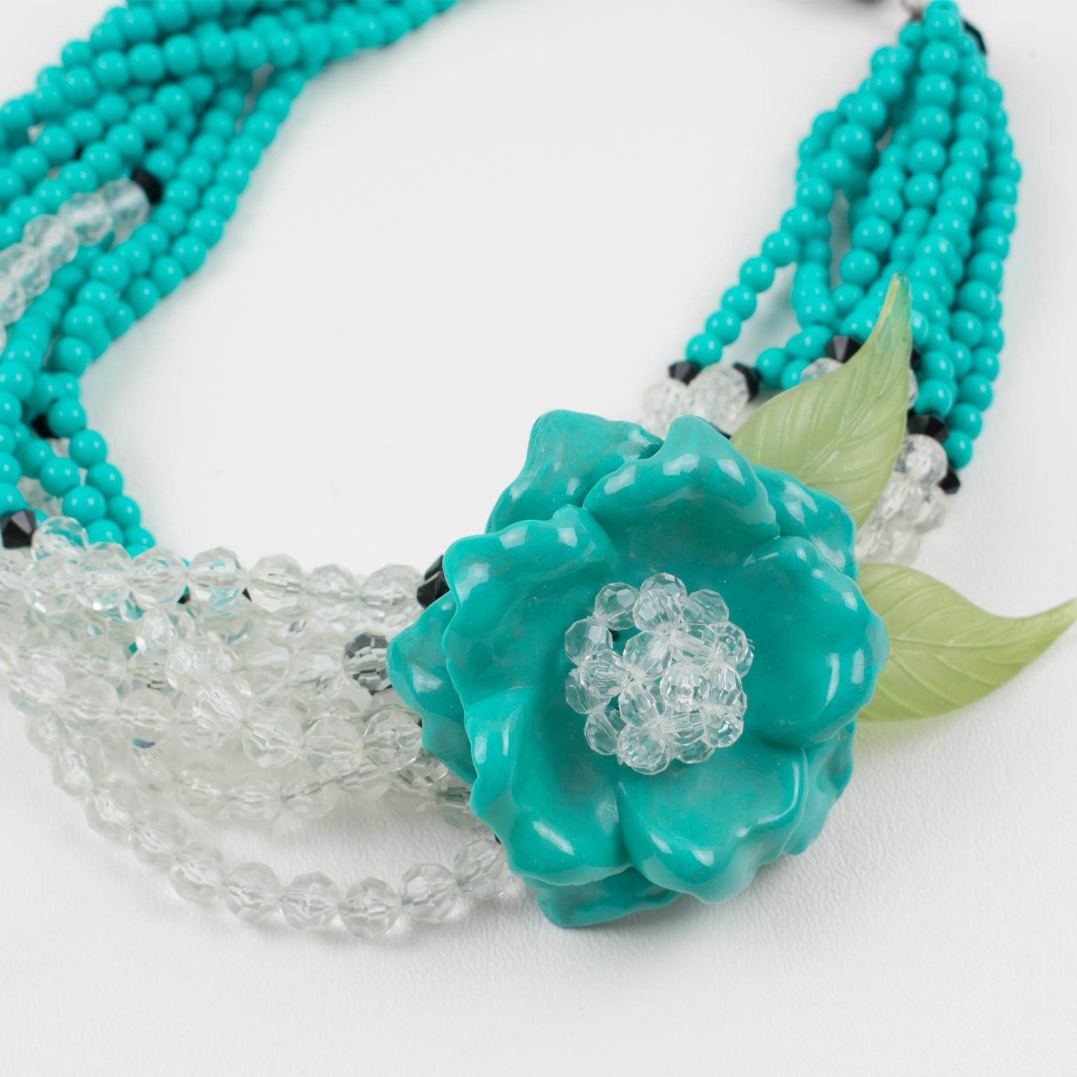 Angela Caputi Multi-Strand Resin Necklace Turquoise Flower In Excellent Condition In Atlanta, GA