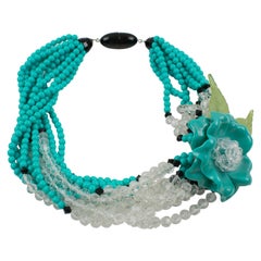 Collier Multi-rangs Turquoise Angela Caputi - Longueur 51-55 Cm, Pierres Vertes Et Grises, Exceptionnel - Neuf