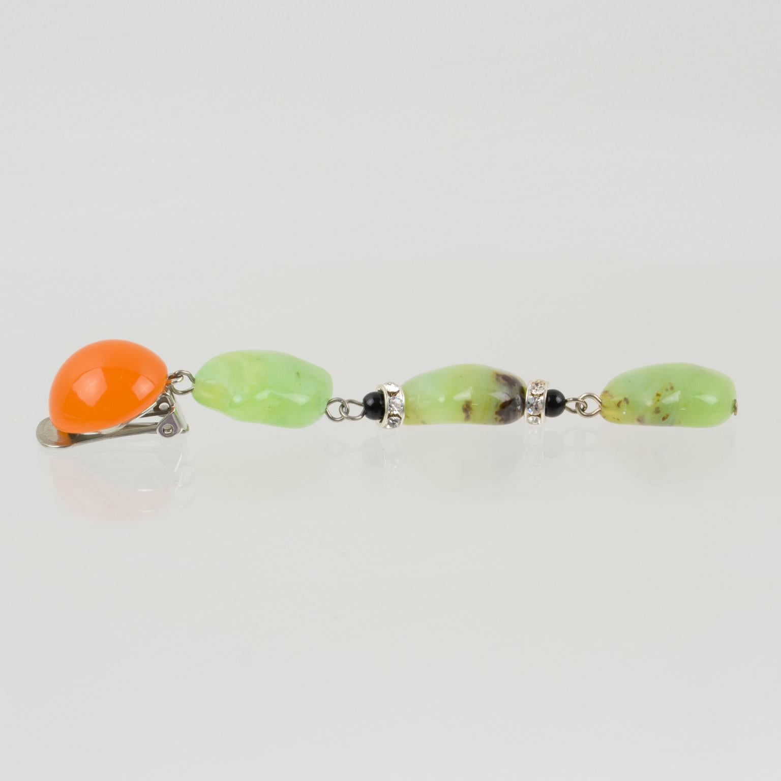 Women's or Men's Angela Caputi Dangle Clip Earrings Orange and Green Resin Pebble For Sale