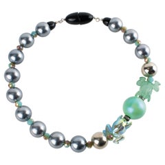 Angela Caputi Pearlized Gray and Turquoise Resin Frog Choker Necklace