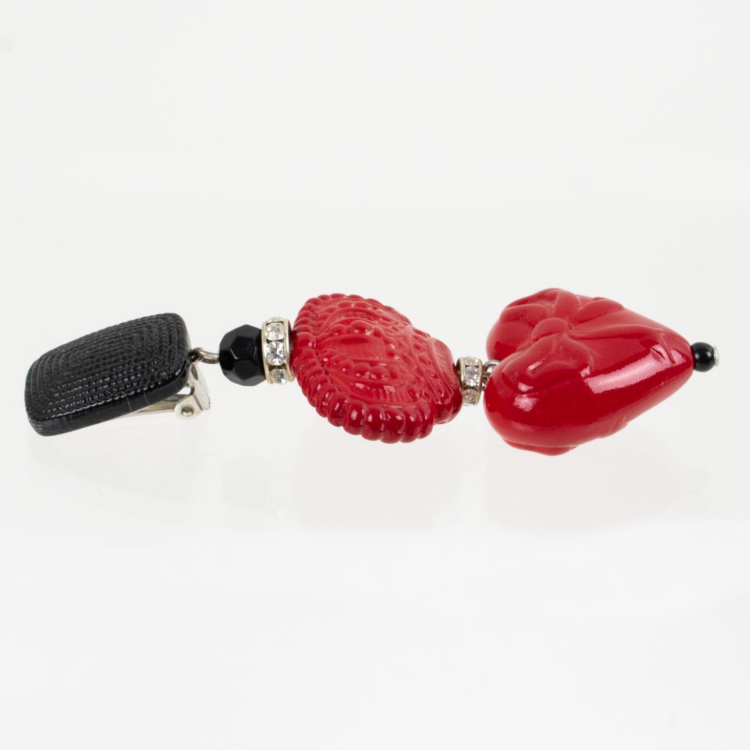 Angela Caputi Red and Black Dangle Resin Clip Earrings Heart and Crown In Excellent Condition In Atlanta, GA