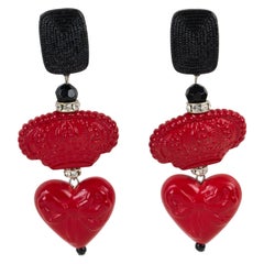 Angela Caputi Red and Black Dangle Resin Clip Earrings Heart and Crown