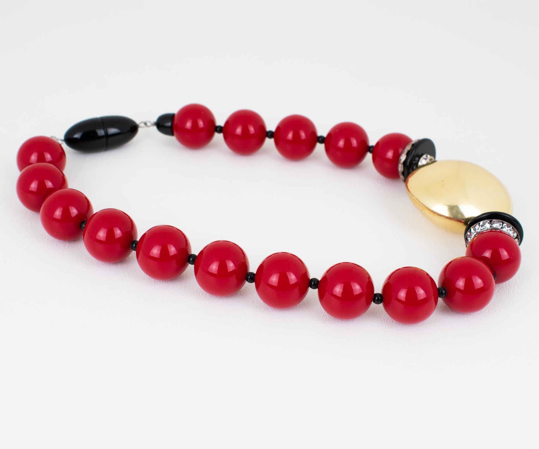 Women's or Men's Angela Caputi Red and Gold Resin Choker Necklace For Sale