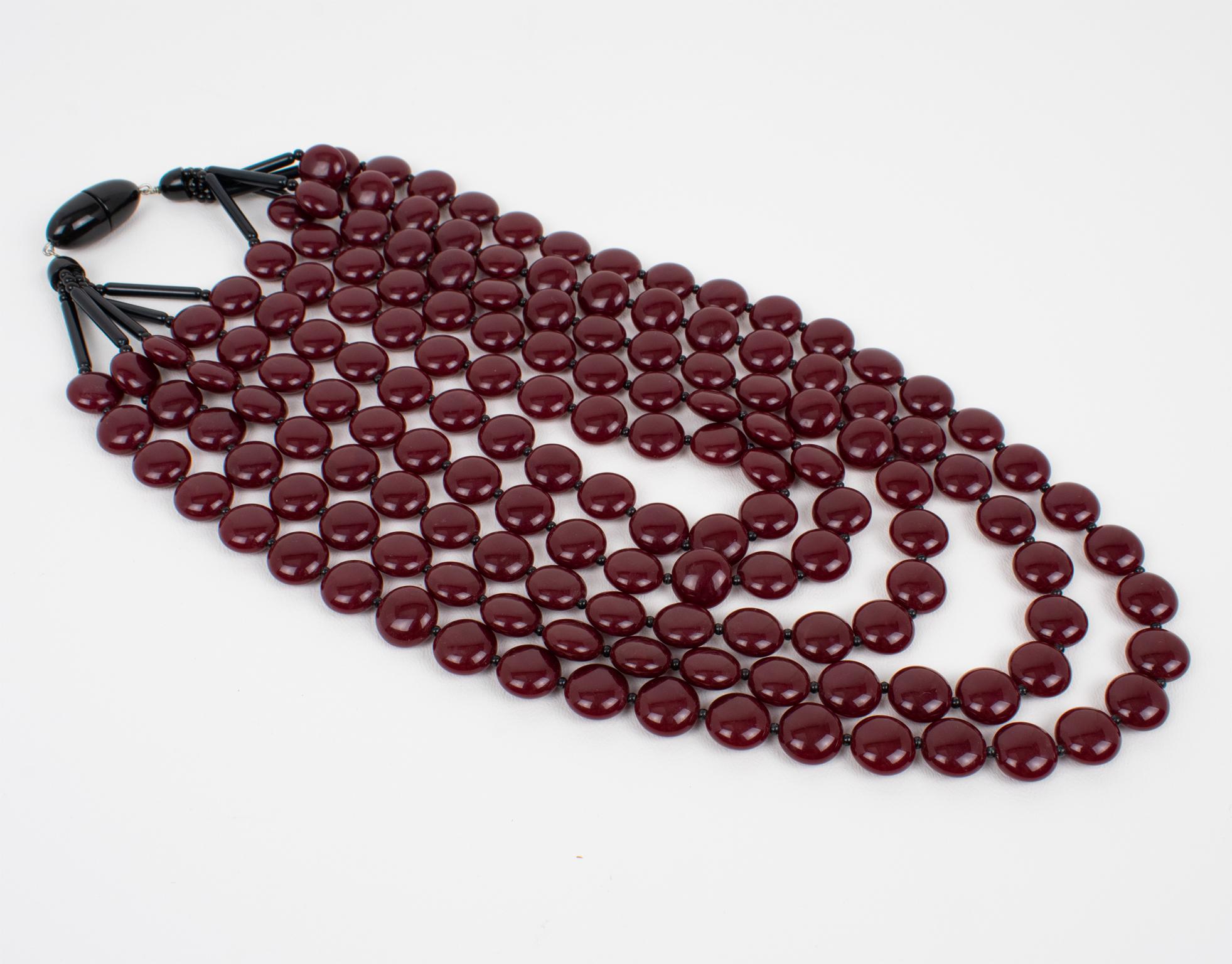 Women's or Men's Angela Caputi Red Bordeaux Resin Multi-Strand Choker Necklace For Sale