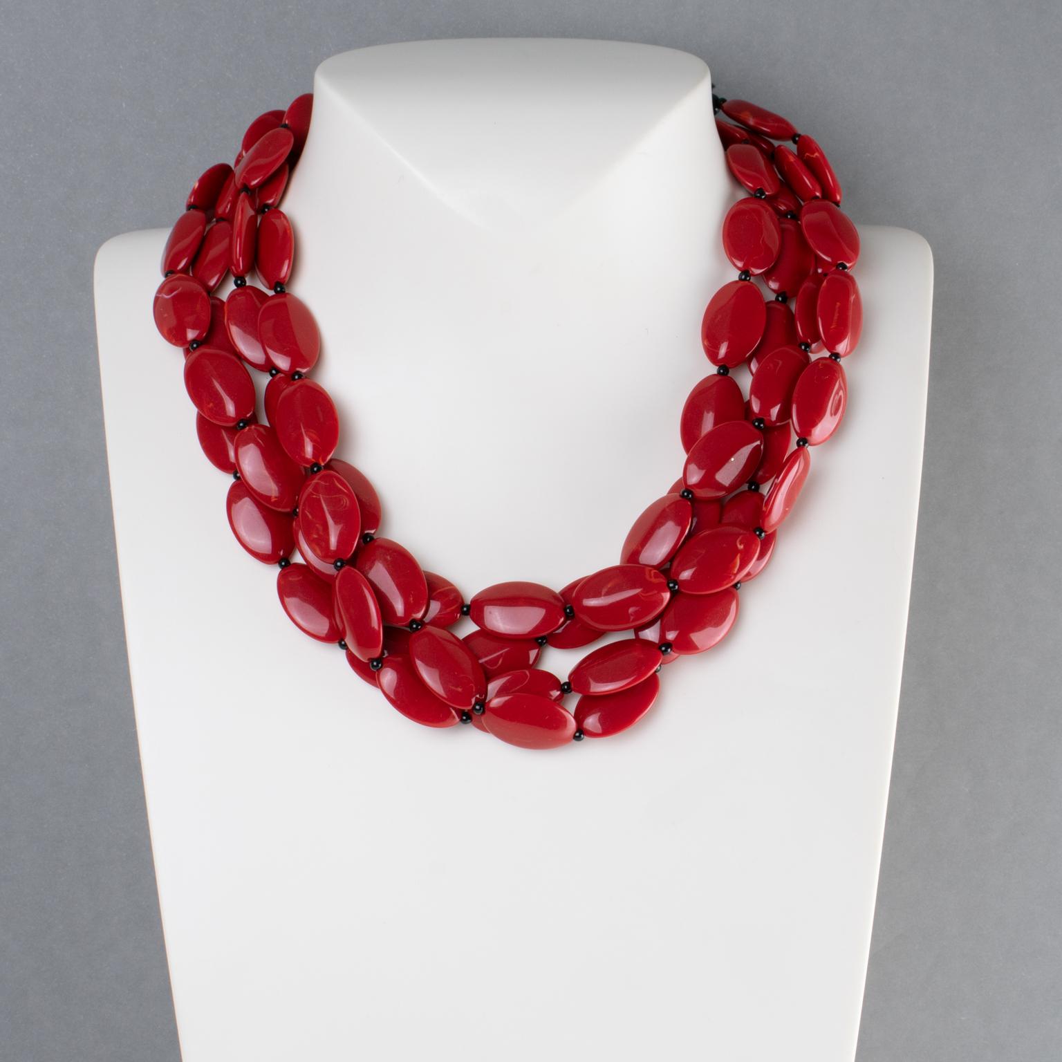 Modern Angela Caputi Red Cinnabar Resin Multi-Strand Necklace