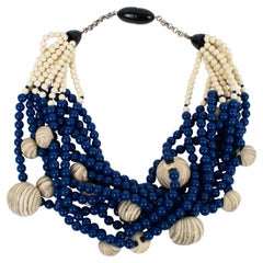 Vintage Angela Caputi Resin Choker Necklace Blue and Mastic Beige Multi-Strand