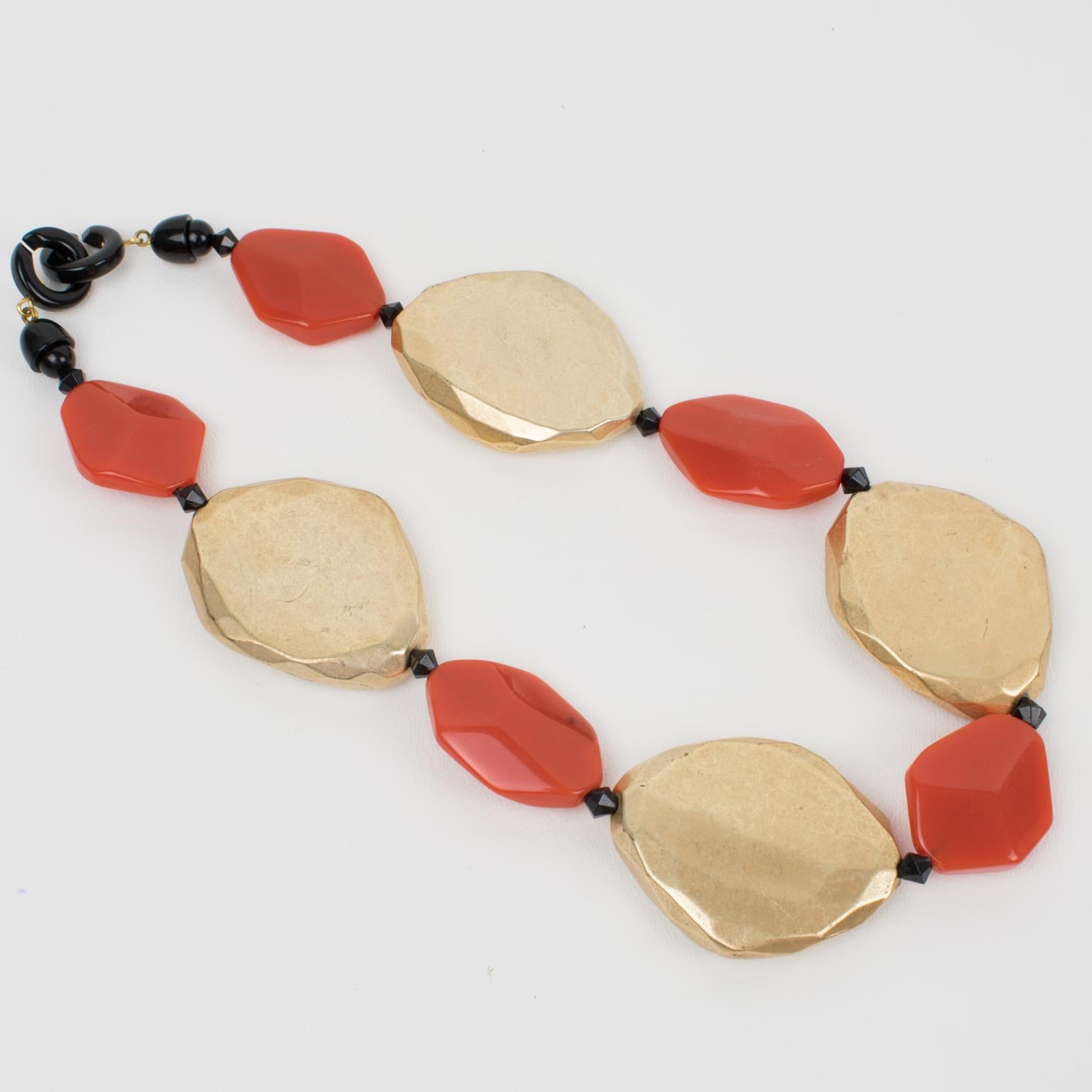 Modern Angela Caputi Resin Choker Necklace Gold and Orange Pebbles For Sale