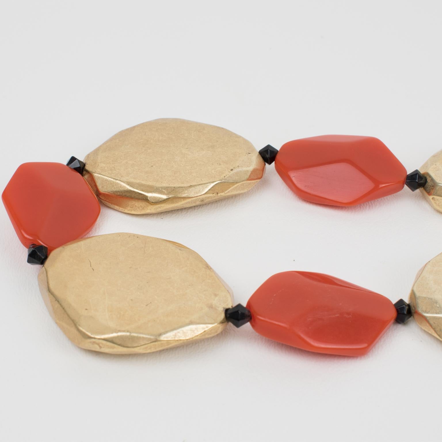 Women's or Men's Angela Caputi Resin Choker Necklace Gold and Orange Pebbles For Sale